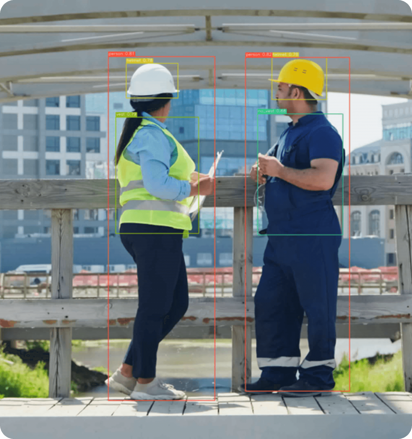 建筑工地安全帽和工服佩戴检测画面