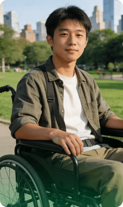 坐在户外轮椅上的青年